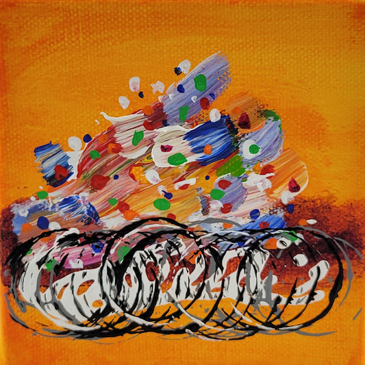 4x4 inch canvas painting with orange background and bold colors