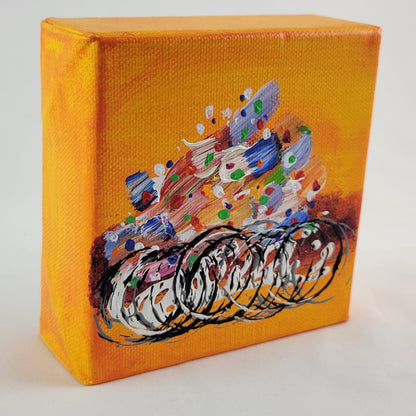4x4 inch canvas painting with orange background and bold colors