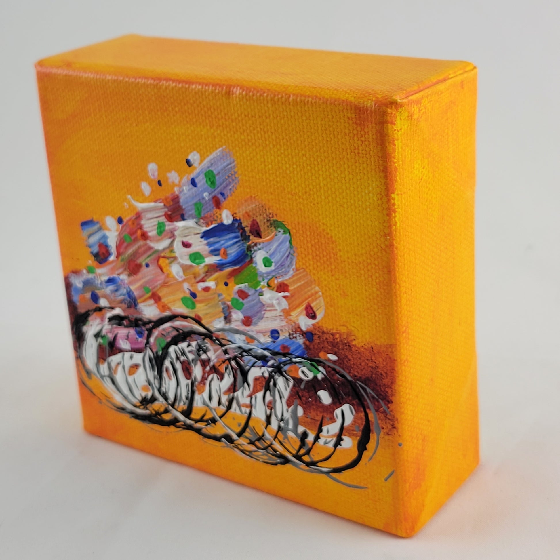 4x4 inch canvas painting with orange background and bold colors