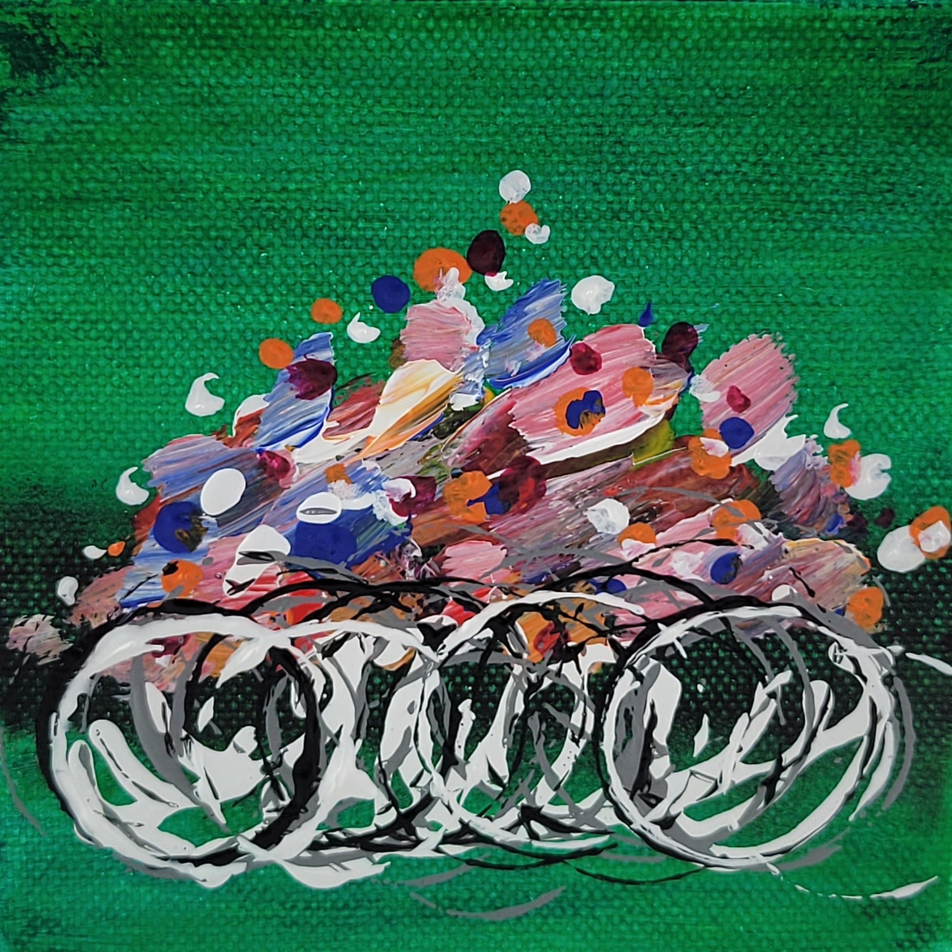 4x4 inch canvas painting with green background and bold colors