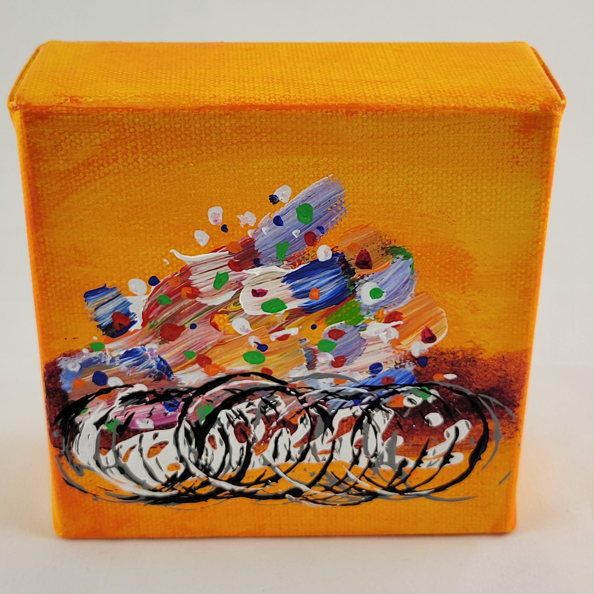 4x4 inch canvas painting with orange background and bold colors