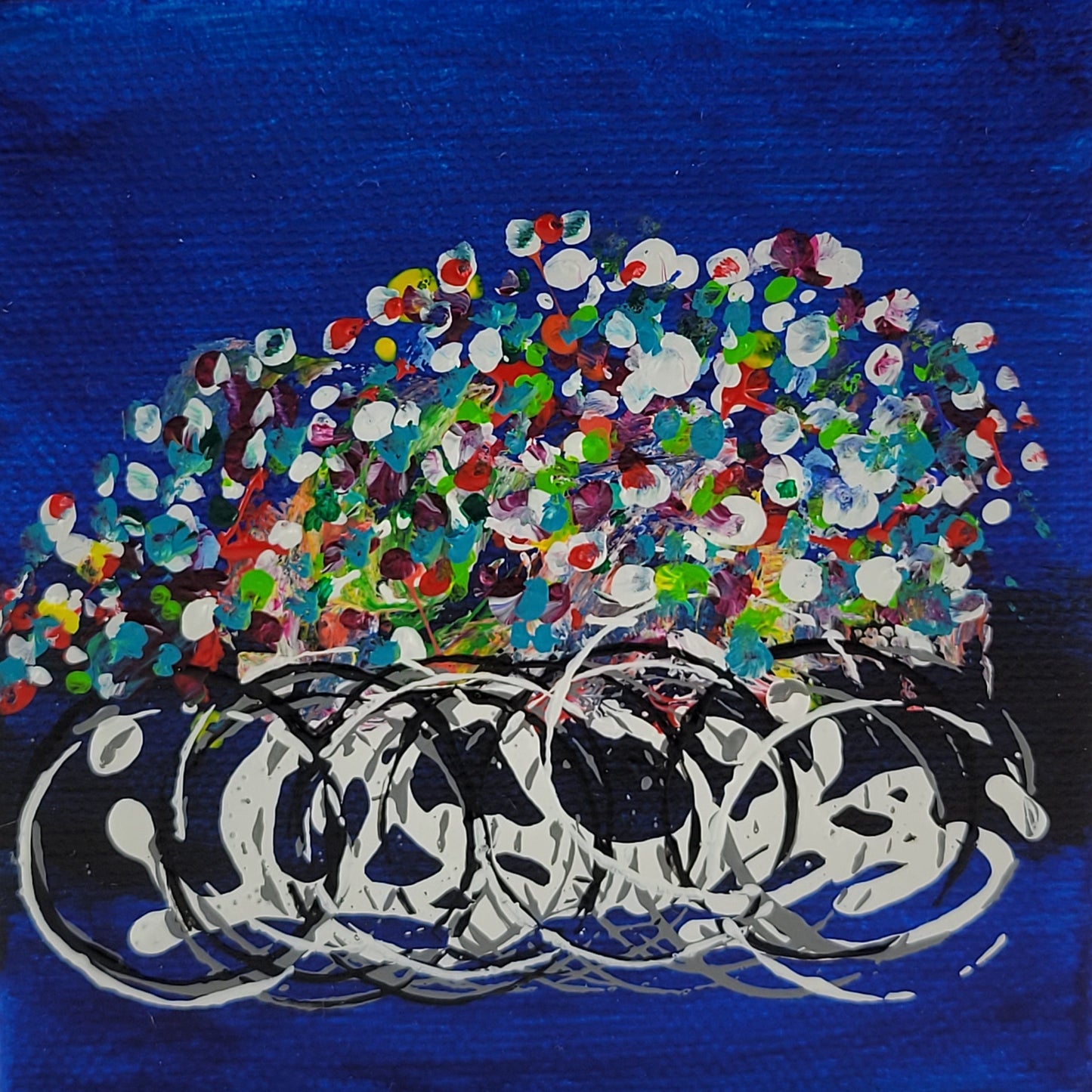 4x4 inch canvas painting with blue background and bold colors