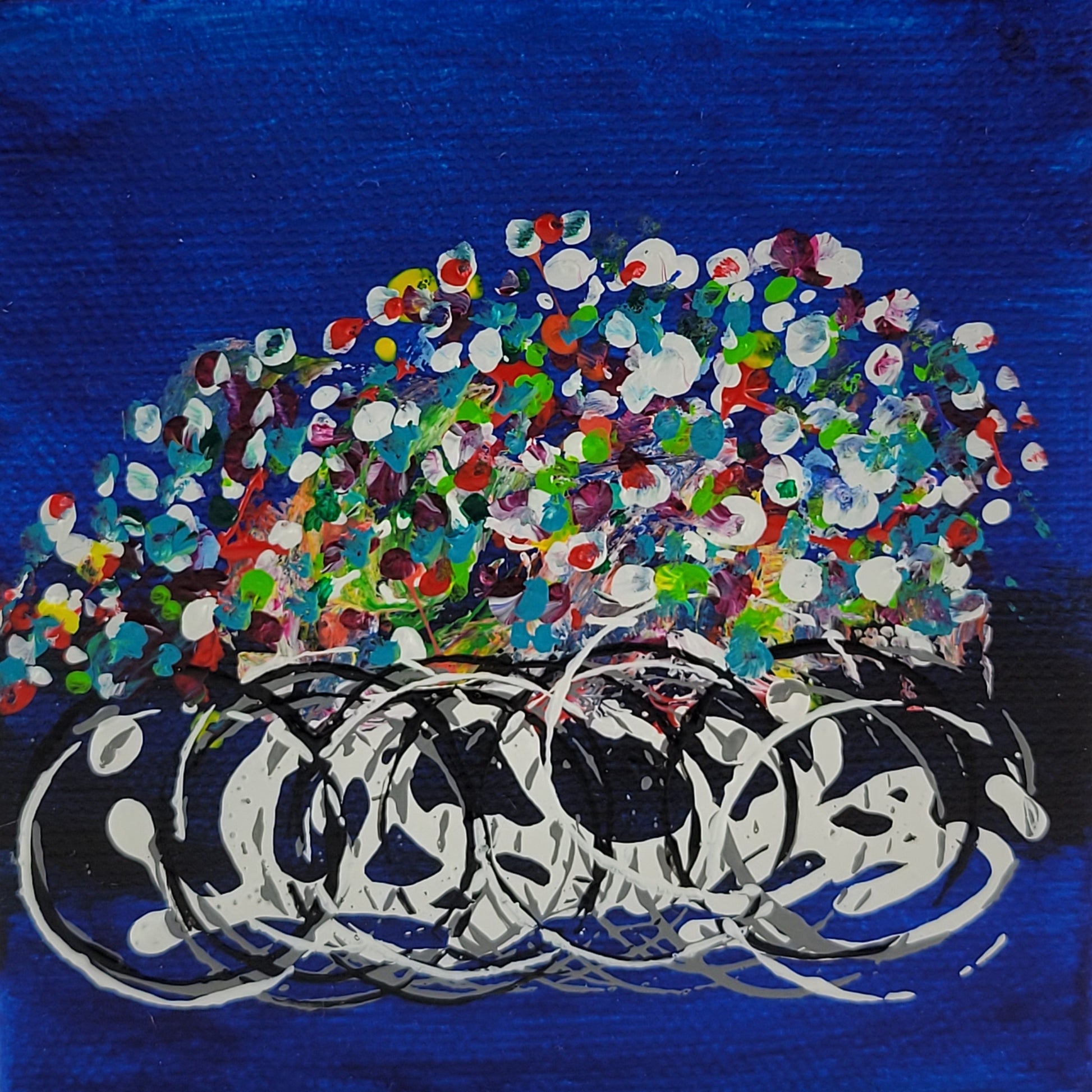 4x4 inch canvas painting with blue background and bold colors