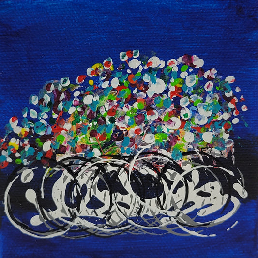 4x4 inch canvas painting with blue background and bold colors