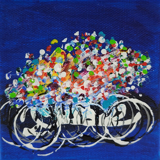 4x4 inch canvas painting with blue background and bold colors