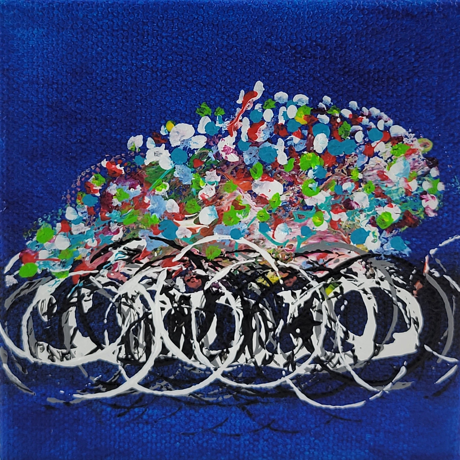 4x4 inch canvas painting with blue background and bold colors
