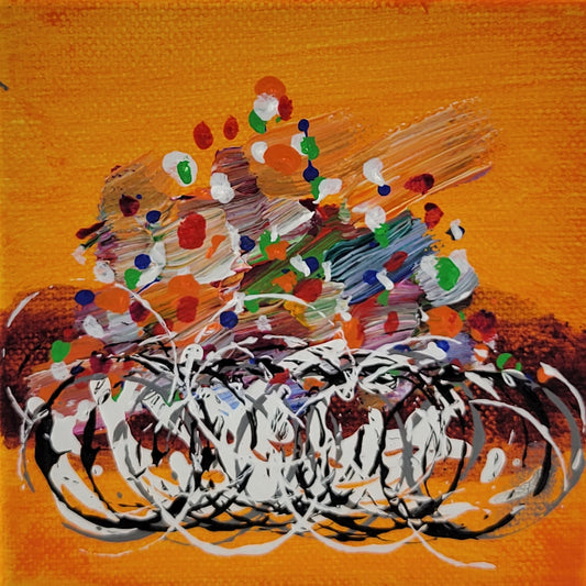 4x4 inch canvas painting with orange background and bold colors