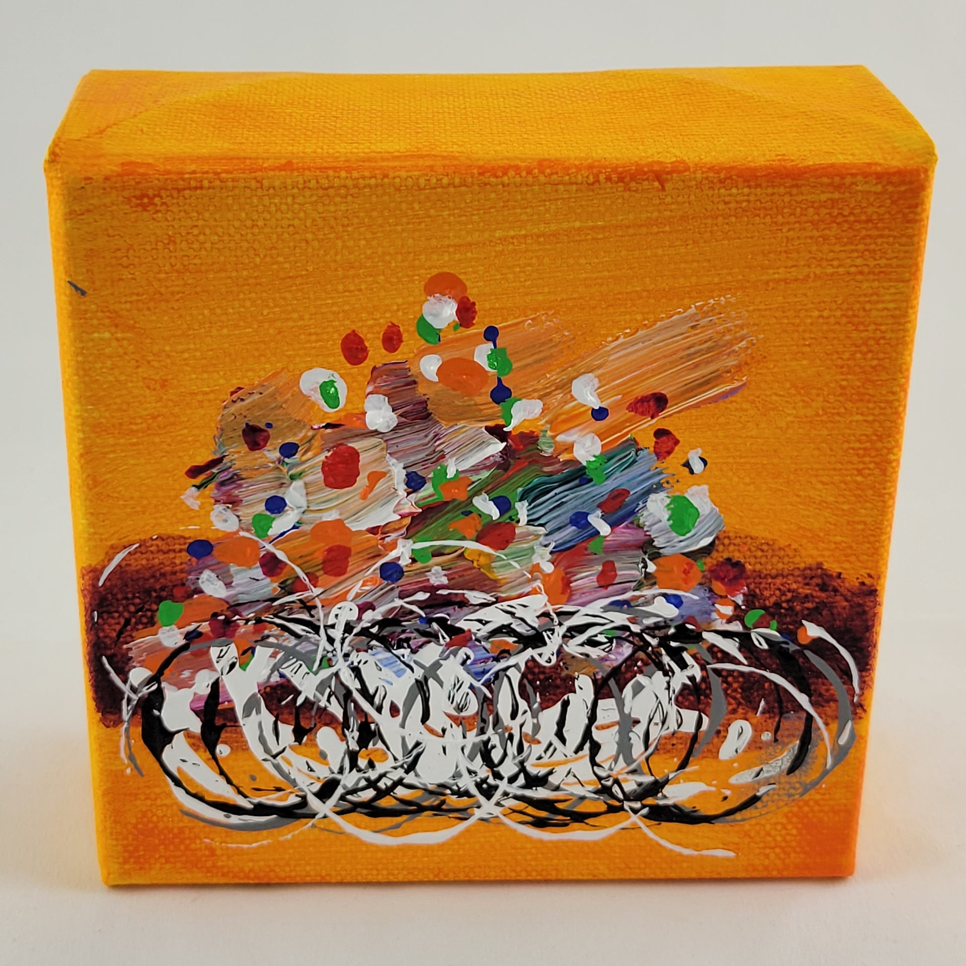 4x4 inch canvas painting with orange background and bold colors