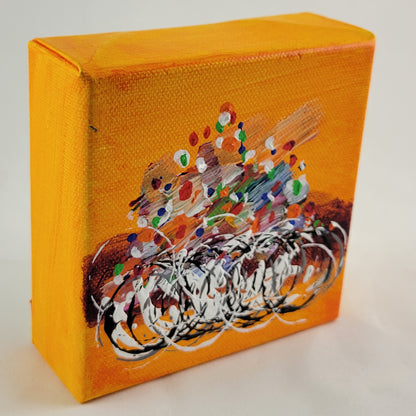 4x4 inch canvas painting with orange background and bold colors
