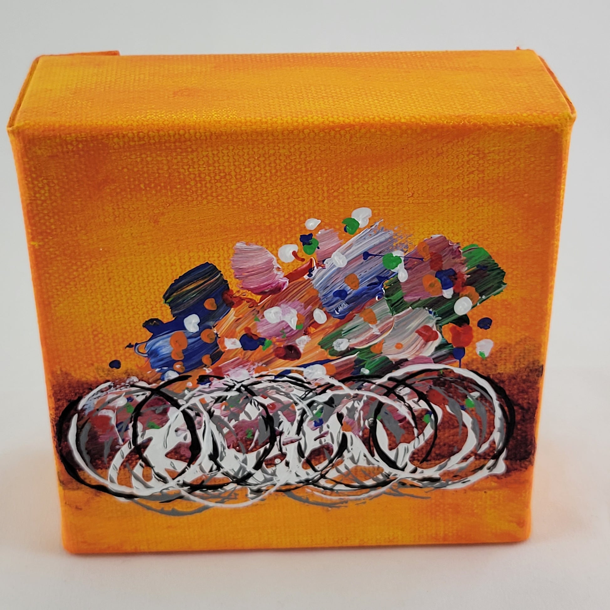 4x4 inch canvas painting with orange background and bold colors