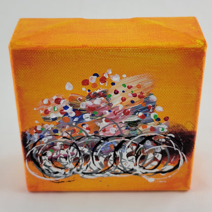 4x4 inch canvas painting with orange background and bold colors