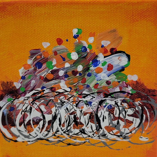 4x4 inch canvas painting with orange background and bold colors