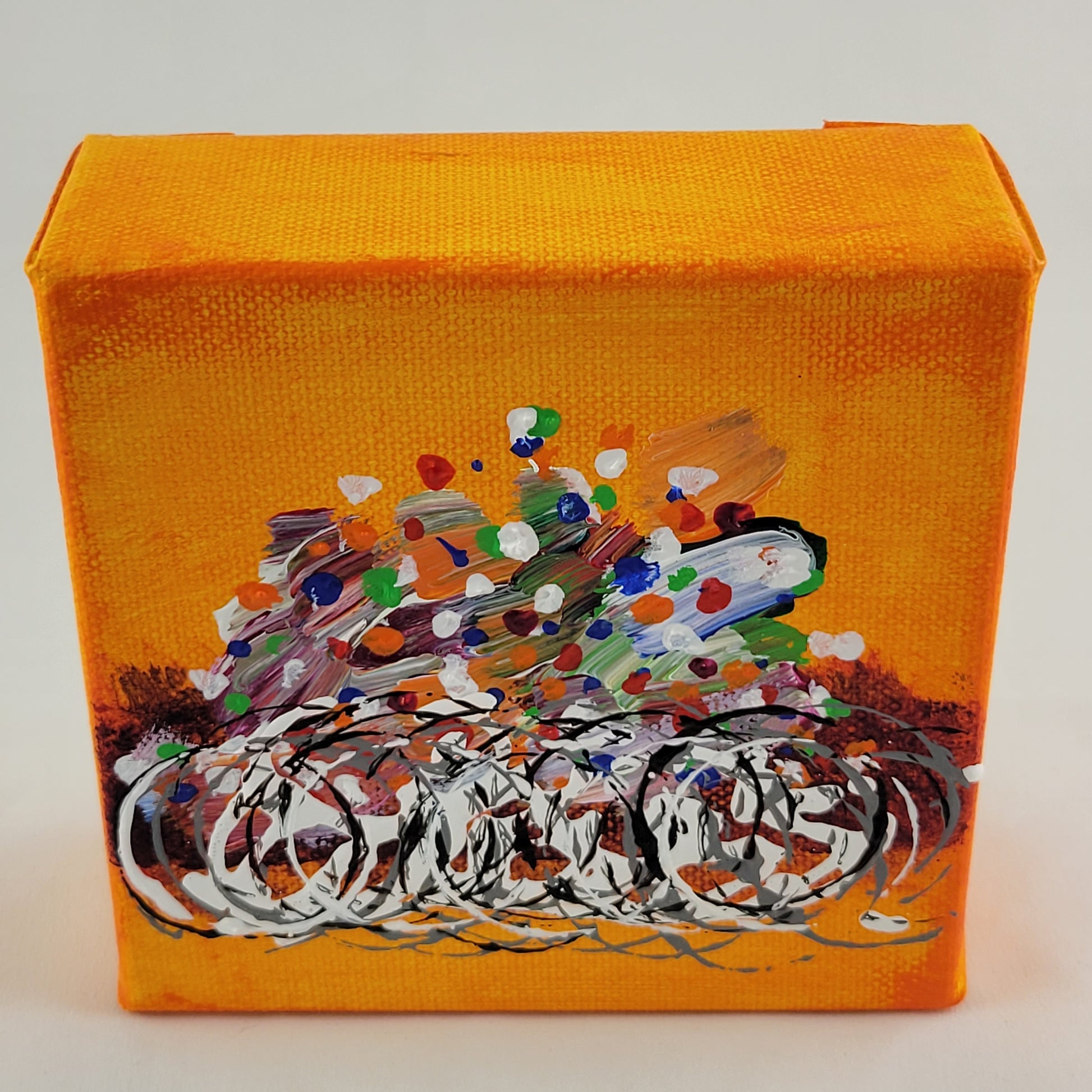 4x4 inch canvas painting with orange background and bold colors
