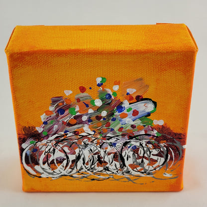 4x4 inch canvas painting with orange background and bold colors