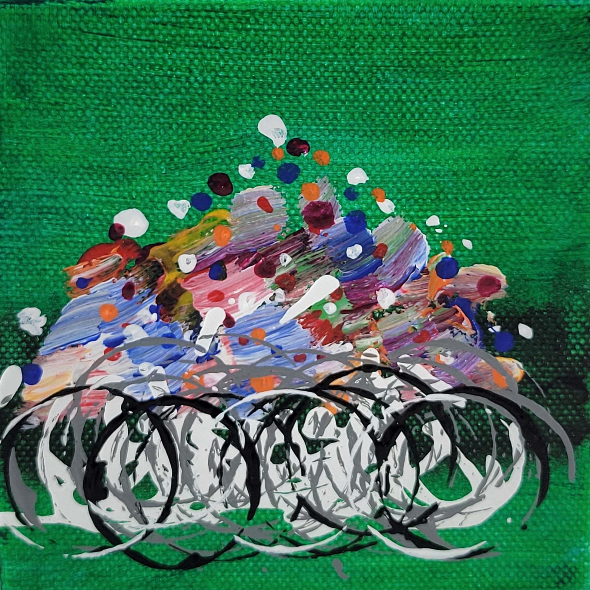 4x4 inch canvas painting with green background and bold colors