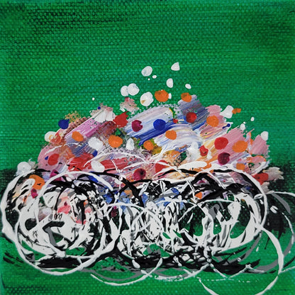 4x4 inch canvas painting with green background and bold colors