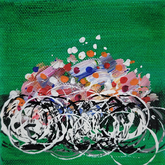 4x4 inch canvas painting with green background and bold colors