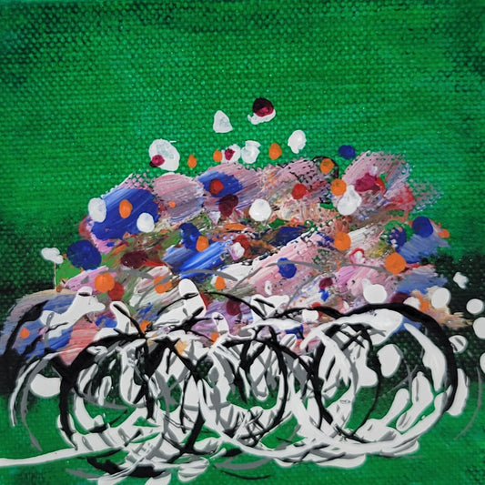 4x4 inch canvas painting with green background and bold colors
