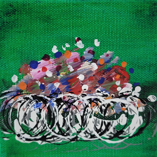 4x4 inch canvas painting with green background and bold colors