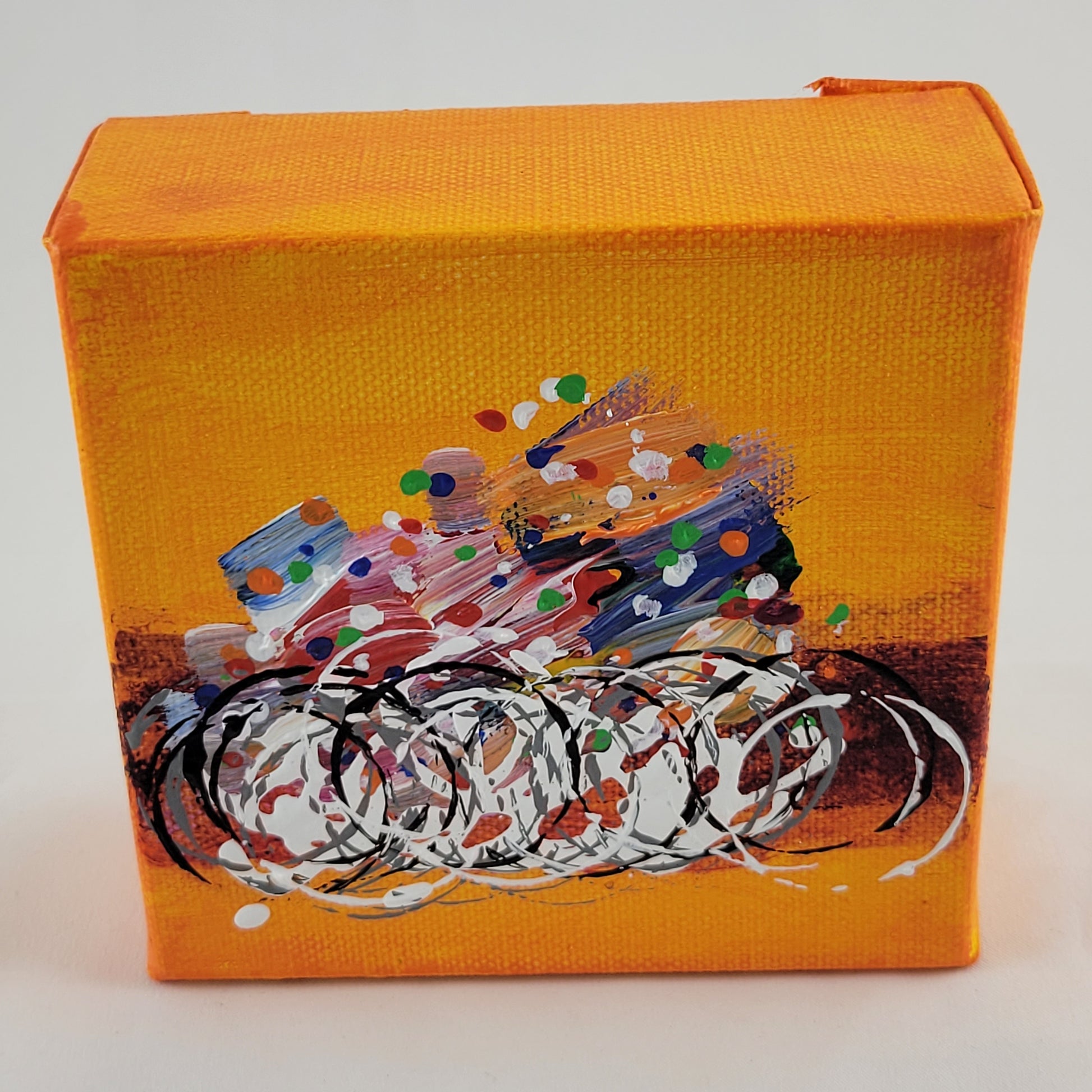 4x4 inch canvas painting with orange background and bold colors