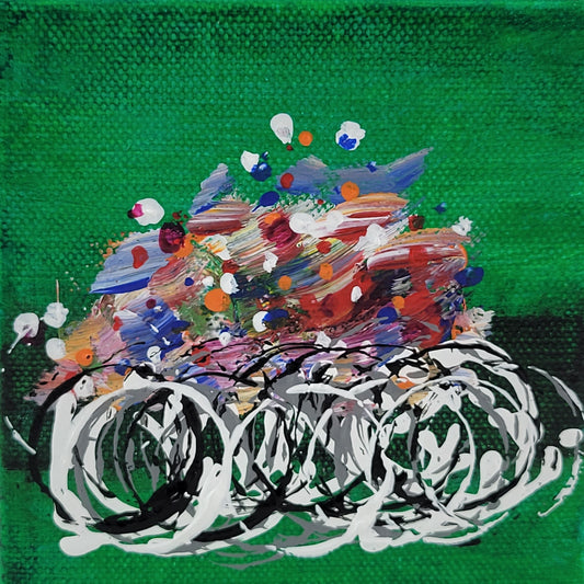 4x4 inch canvas painting with green background and bold colors
